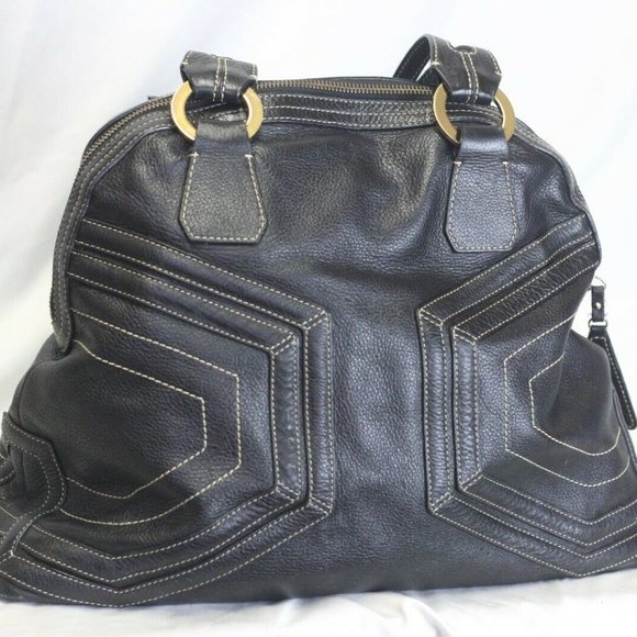 Maxx New York Black Leather Satchel Purse With Geometric Contrast Stitching - Picture 1 of 11